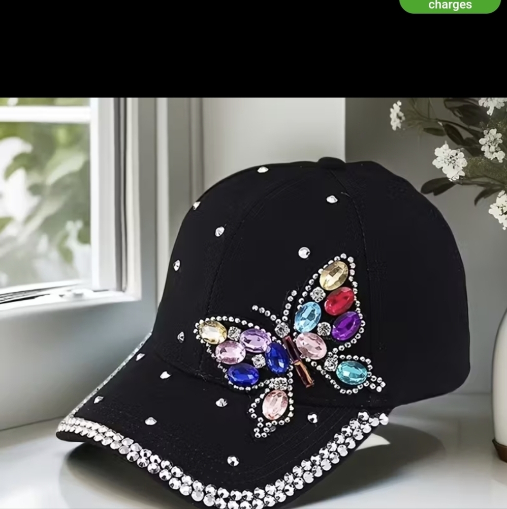 Embellished Black Cap with Butterfly Design